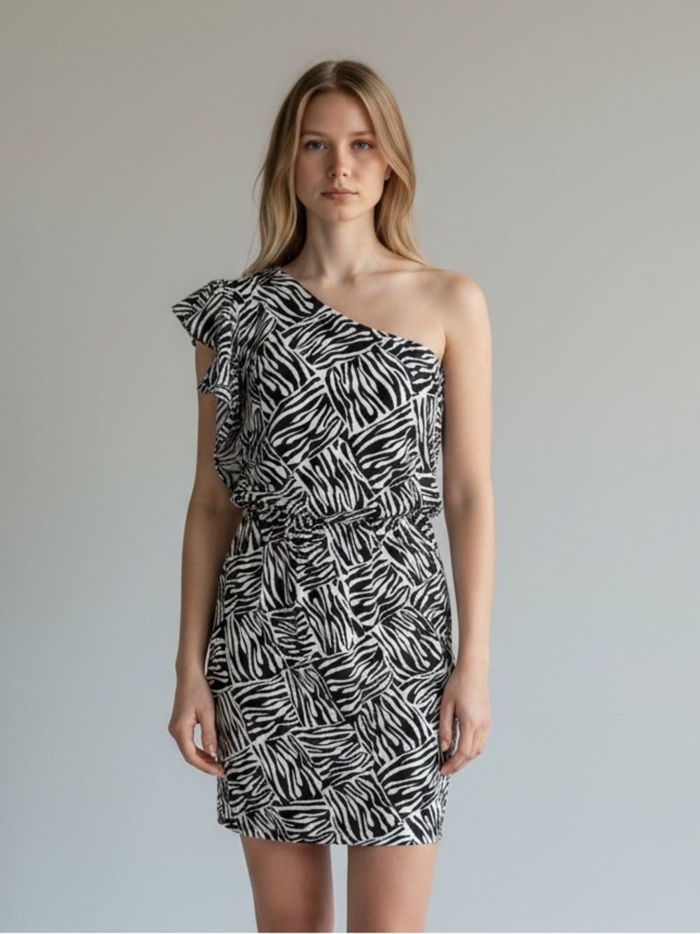 Zebra One Shoulder Mini Dress - Picture 2 of 11